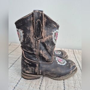 Roper Leather Cowboy Boots Size 8 Little Kids Brown With Pink Flowers